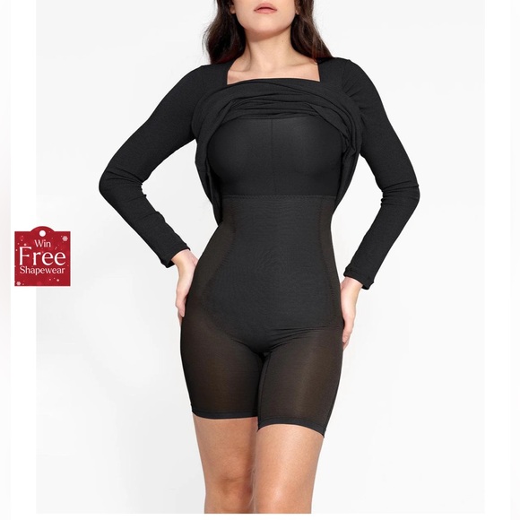 Popilush Shapewear Square Neck Long Sleeve Slimming Modal Maxi Dress in Black M - Picture 3 of 13